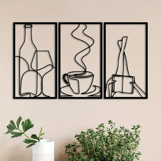 Set van 3 Minimalistische Metalen Wanddecoraties - Perfect voor Café, Bar en Thuis