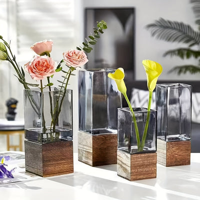 Smoke Vierkante Glazen Vaas op Houten Standaard – Modern Design en Uitneembaar