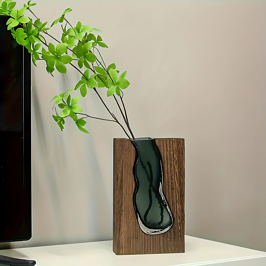 Modern Rechthoekige Glazen Vaas met Houten Frame