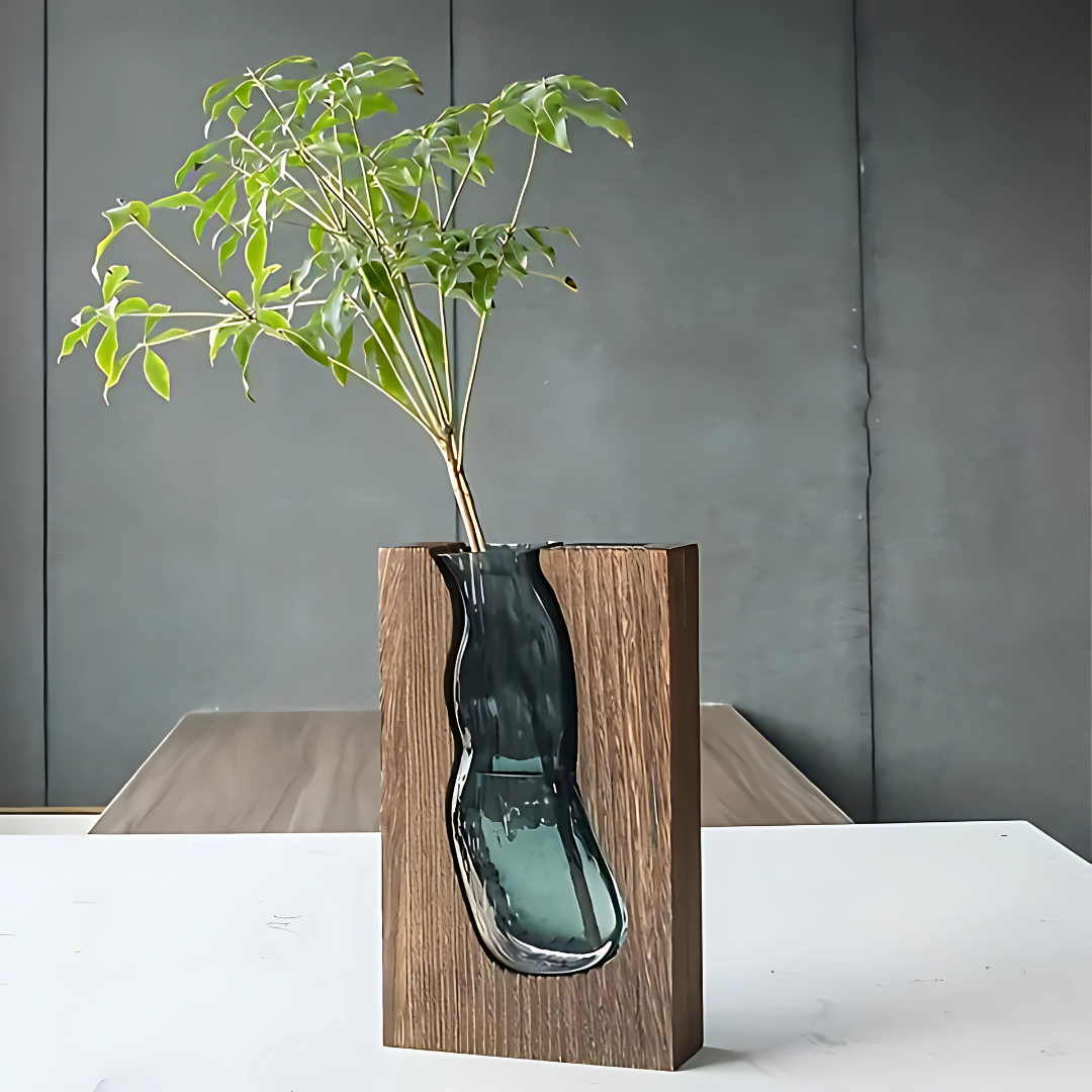 Modern Rechthoekige Glazen Vaas met Houten Frame