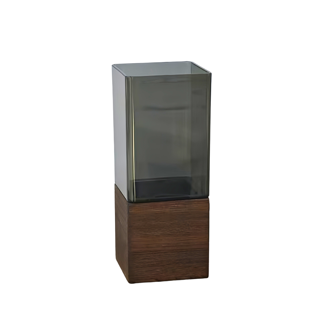 Smoke Vierkante Glazen Vaas op Houten Standaard – Modern Design en Uitneembaar