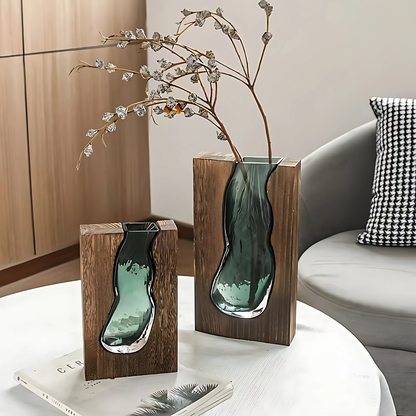 Modern Rechthoekige Glazen Vaas met Houten Frame