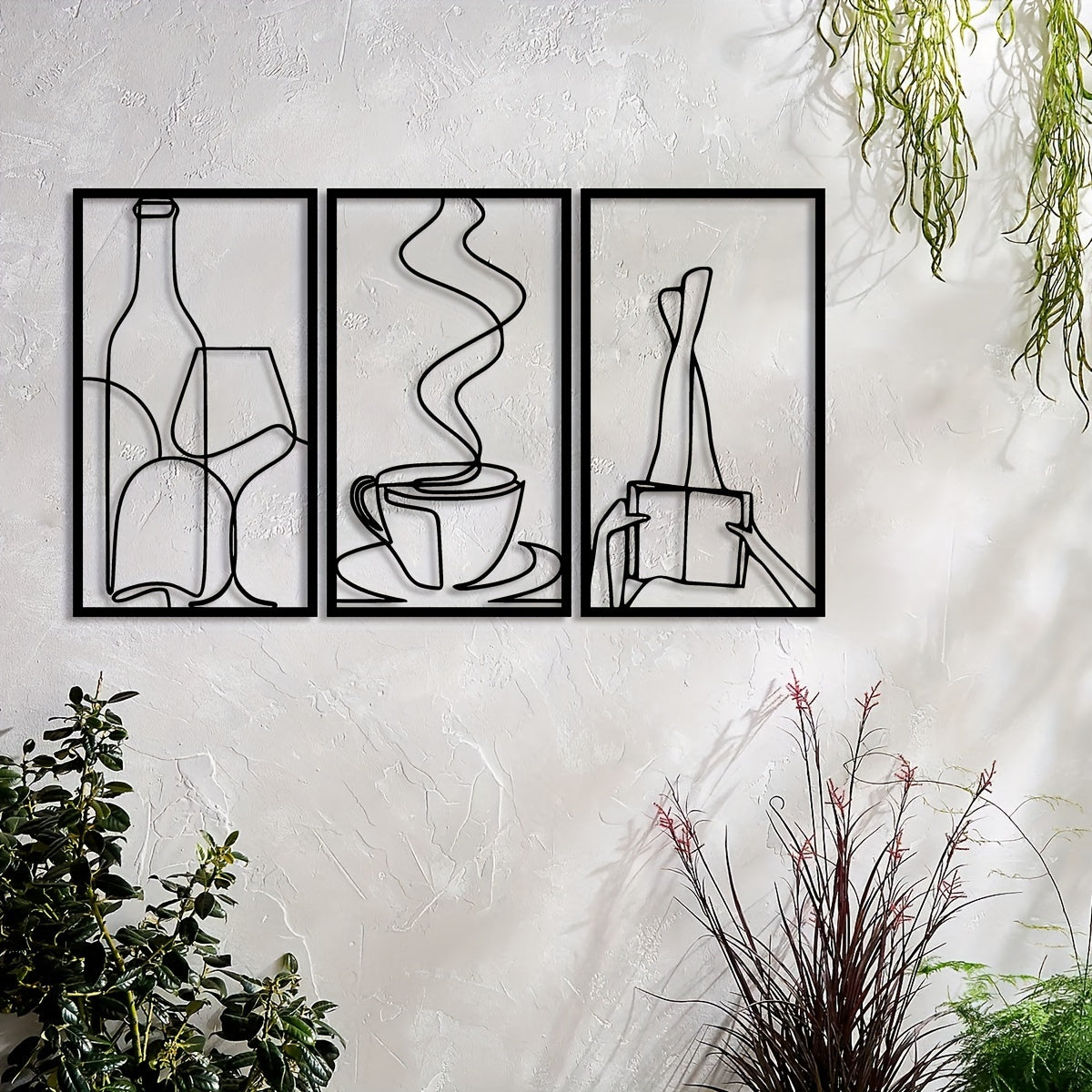 Set van 3 Minimalistische Metalen Wanddecoraties - Perfect voor Café, Bar en Thuis