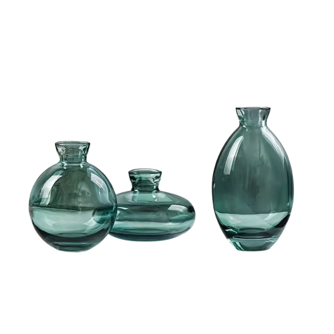 3-delige Mini Vaas Set – Groenblauw Glas voor Stijlvolle Decoratie
