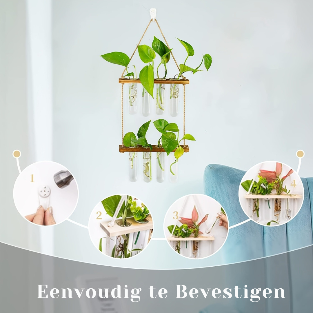 Wanddecoratie vaas - Plantenterrarium met Houten Standaard – Uniek voor Hydrocultuurplanten