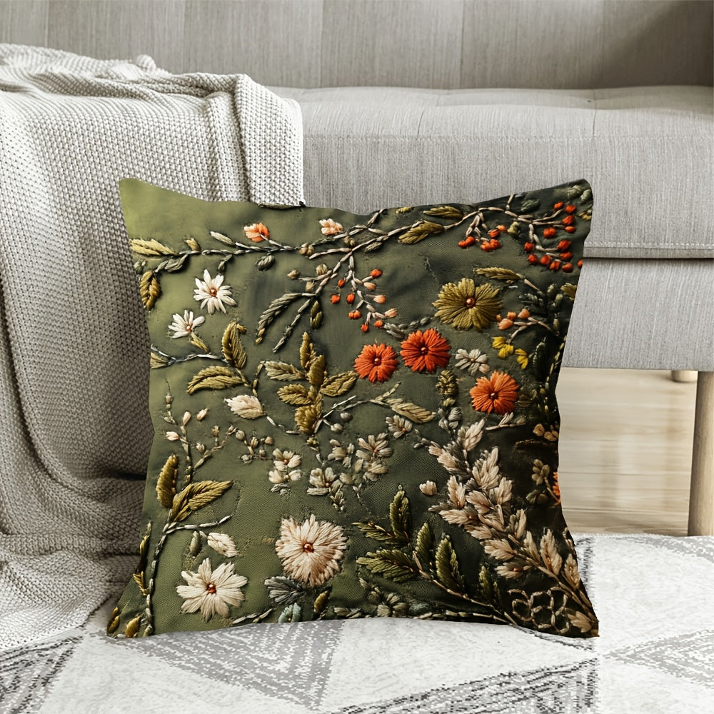 Olijfgroene Bloemen Kussenhoes – Vintage Florale Print voor een Warme Sfeer