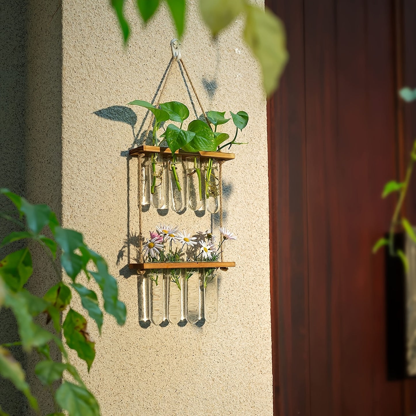 Wanddecoratie vaas - Plantenterrarium met Houten Standaard – Uniek voor Hydrocultuurplanten